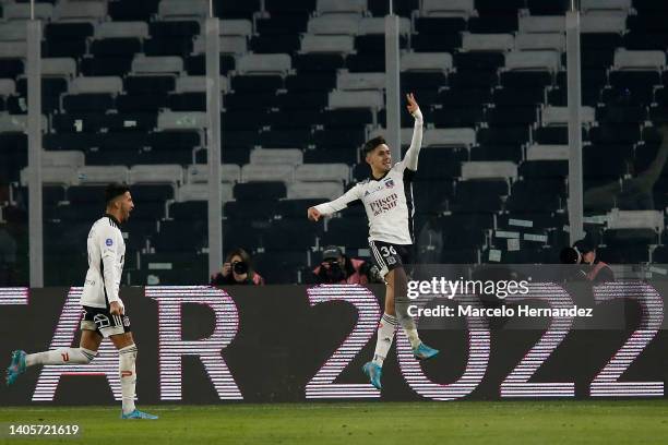 Pablo Solari of Colo Colo celebrates after scoring the second goal of his team during a round of sixteen first leg match between Colo-Colo and...