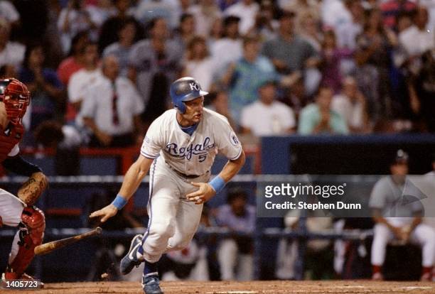 Infielder George Brett of the Kansas City Royals in action during a game against the California Angels at Anaheim Stadium in Anaheim, California....