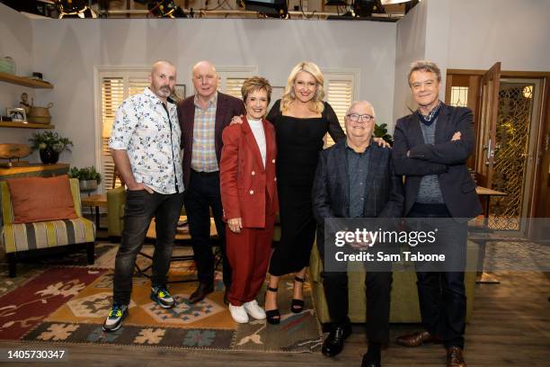 Ryan Moloney, Alan Fletcher, Jackie Woodburne, Angela Bishop, Ian Smith and Stefan Dennis attend the "Neighbours" finale event on June 29, 2022 in...