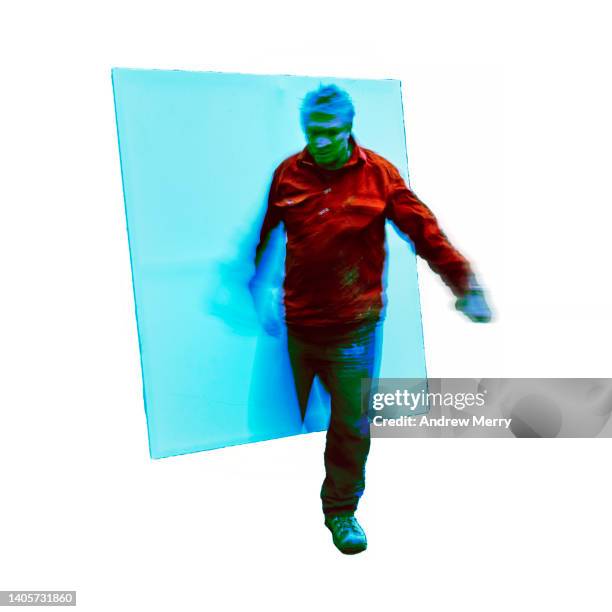 man symbol moving out of rectangle, blue red green - appearance icon stock pictures, royalty-free photos & images