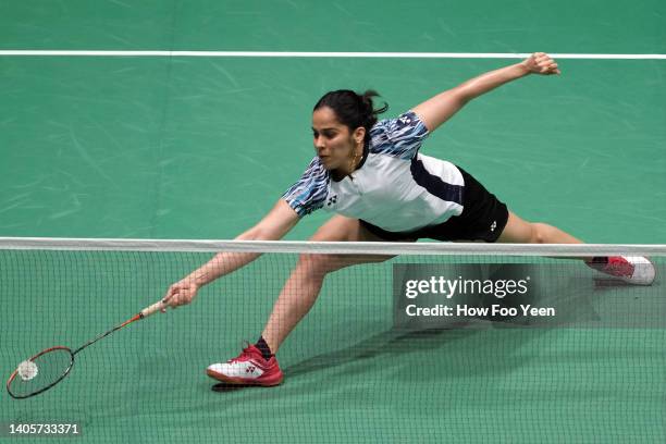 Saina Nehwal of India in action against Iris Wang of the United States in their women's singles first round match on day two of the Petronas Malaysia...