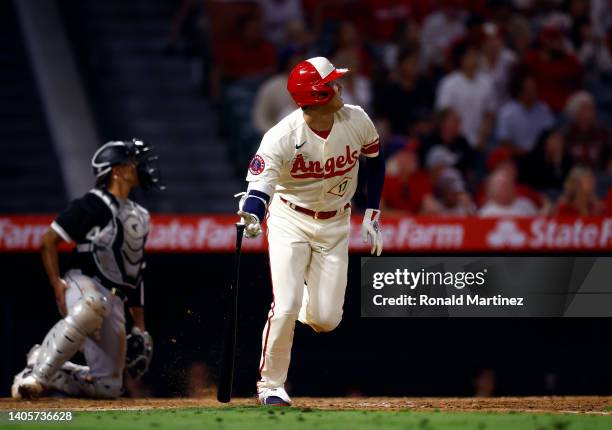 Shohei Ohtani of the Los Angeles Angels hits a double against the Chicago White Sox in the seventh inning at Angel Stadium of Anaheim on June 28,...
