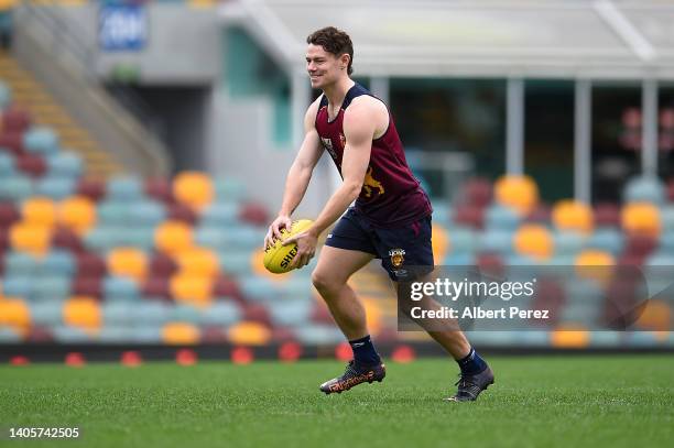 Lachie Neale in action during a Brisbane Lions AFL training session at The Gabba on June 29, 2022 in Brisbane, Australia.