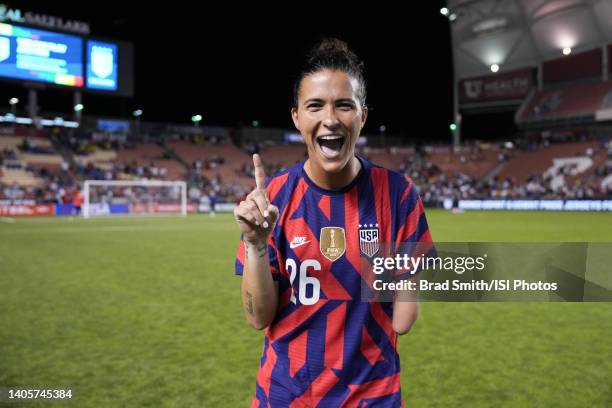Carson Pickett of the United States celebrates her first cap during a game between Colombia and the United States at Rio Tinto Stadium on June 28,...