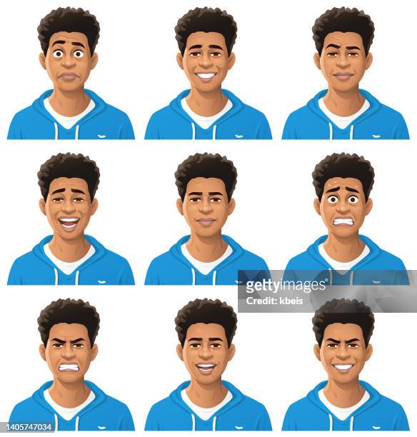 young african american student portrait - emotionen - cartoon characters with curly hair stock-grafiken, -clipart, -cartoons und -symbole