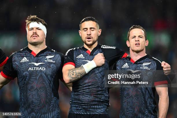 Kurt Eklund, TJ Perenara and Brad Weber of the Maori All Blacks sing the anthem during the match between the Maori All Blacks and Ireland at FMG...