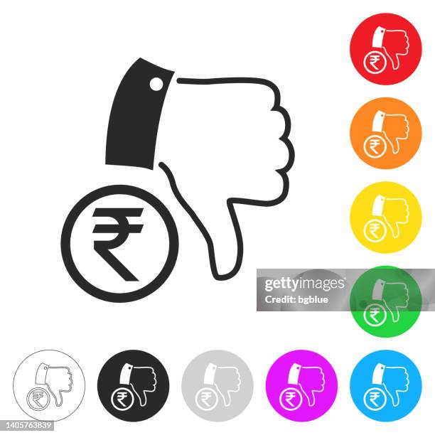 indian rupee coin with thumbs down. icon on colorful buttons - rule change vector stock illustrations