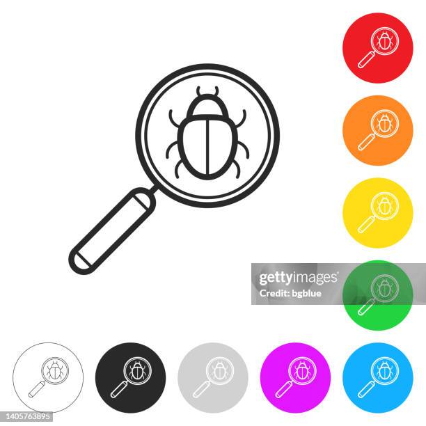 stockillustraties, clipart, cartoons en iconen met magnifying glass with bug. icon on colorful buttons - computerbug