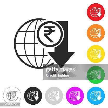 Indian rupee rate decrease. Icon on colorful buttons Indian rupee rate decrease. Icon on colorful buttons