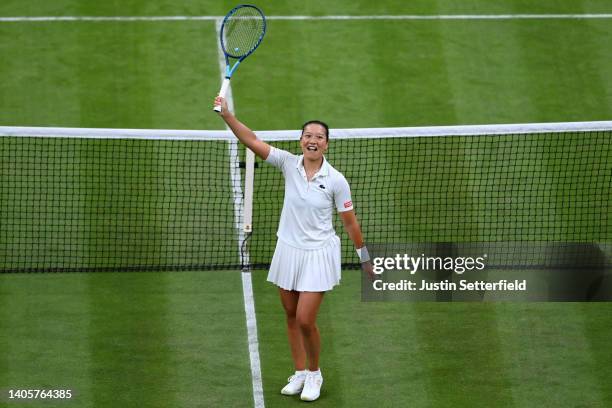 Harmony Tan of France celebrates after winning match point against Serena Williams of The United States during their Women's Singles First Round...