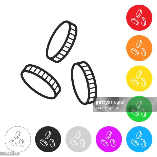 illustrazioni stock, clip art, cartoni animati e icone di tendenza di monete che cadono. icona sui pulsanti colorati - moneta