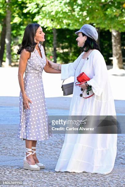Queen Letizia of Spain greets Linda Rama, First Lady of Albania at a Meeting With First Ladies at Royal Palace of La Granja of San Ildefonso during...