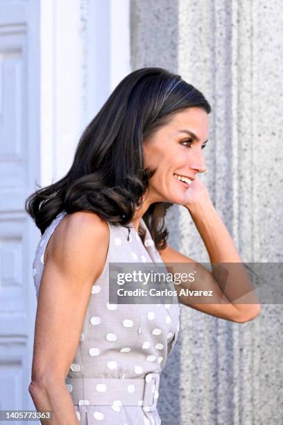 Queen Letizia of Spain attends a Meeting With First Ladies at Royal Palace of La Granja of San Ildefonso during NATO Summit on June 29, 2022 in...