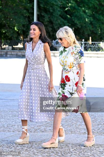 Queen Letizia of Spain greets Jill Biden, First lady of the United States at a Meeting With First Ladies at Royal Palace of La Granja of San...