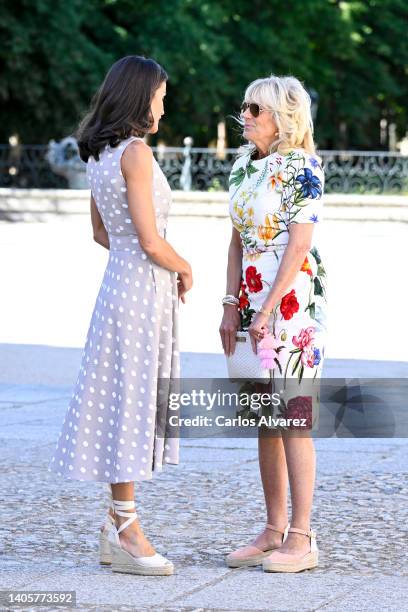 Queen Letizia of Spain greets Jill Biden, First lady of the United States at a Meeting With First Ladies at Royal Palace of La Granja of San...