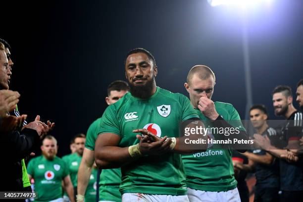 Bundee Aki of Ireland leaves the field with the team following the match between the Maori All Blacks and Ireland at FMG Stadium on June 29, 2022 in...