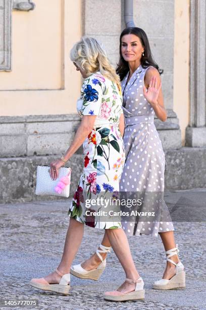 Queen Letizia of Spain greets Jill Biden, First lady of the United States at a Meeting With First Ladies at Royal Palace of La Granja of San...