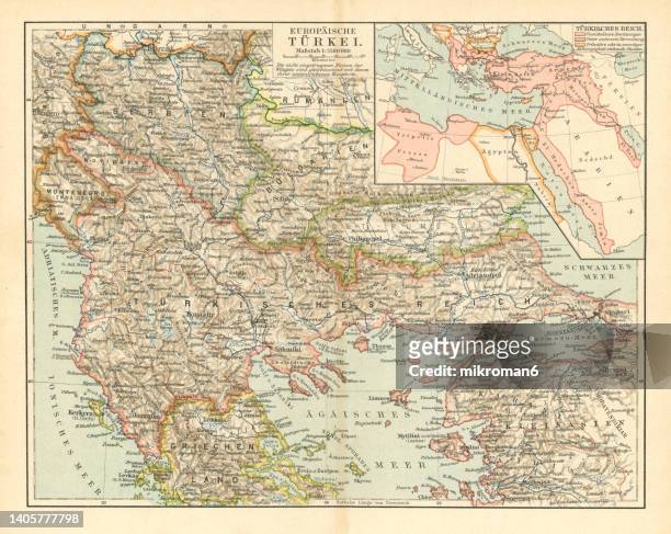 old chromolithograph map of european turkey - ottoman empire map stock pictures, royalty-free photos & images
