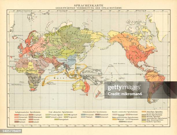 old chromolithograph map of geographic distribution of languages around the world - symbols on old maps stock-fotos und bilder