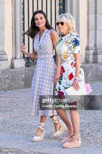 Queen Letizia of Spain greets Jill Biden, First lady of the United States at a Meeting With First Ladies at Royal Palace of La Granja of San...