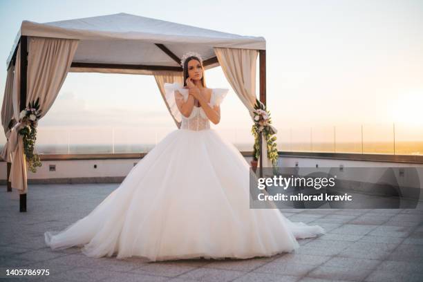 beautiful bride posing in white princess dress with crown. - fairytale wedding stock pictures, royalty-free photos & images