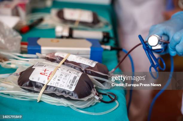 Blood bags during the presentation of the summer blood donation campaign, at the Malvarrosa Hospital, on 29 June, 2022 in Valencia, Comunidad...