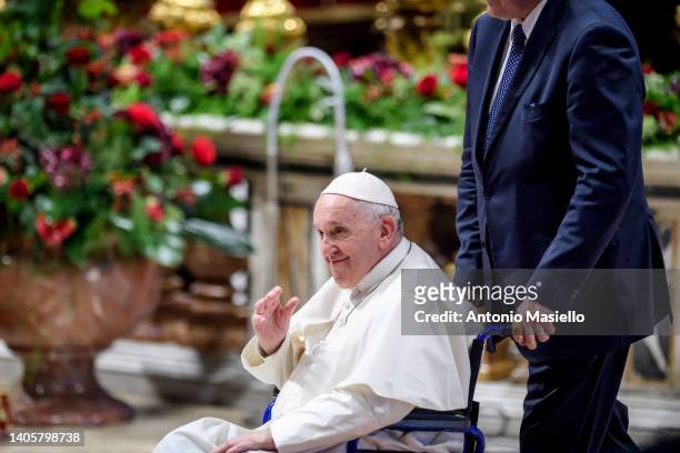 Pope Francis leaves after the mass for the Solemnity of Saints Peter and Paul at Vatican Basilica on June 29, 2022 in Vatican City, Vatican. Pope...
