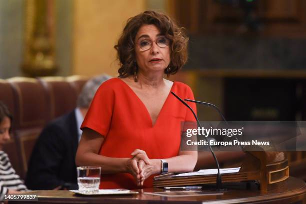 The Minister of Finance, Maria Jesus Montero, addresses a plenary session at the Congress of Deputies on June 29 in Madrid, Spain. The plenary...