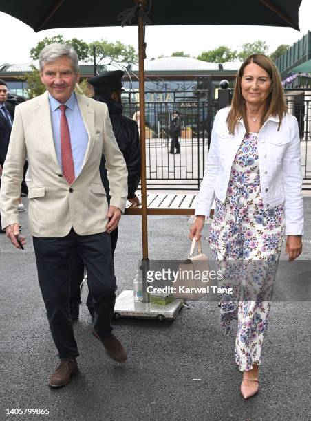 Michael Middleton and Carole Middleton attend Day Three of Wimbledon 2022 at the All England Lawn Tennis and Croquet Club on June 29, 2022 in London,...