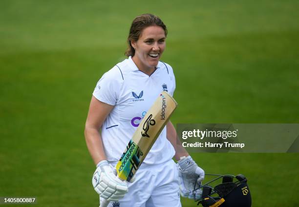 Nat Sciver of England leaves the field after finishing unbeaten on 169 during Day Three of the First Test Match between England Women and South...