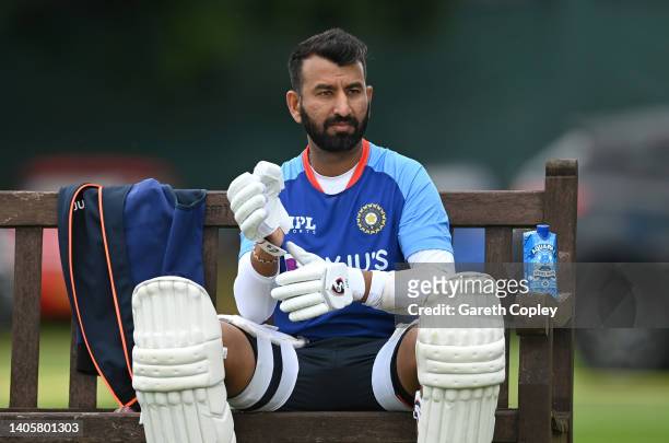 Cheteshwar Pujara of India waits to bat during a nets session at Edgbaston on June 29, 2022 in Birmingham, England.