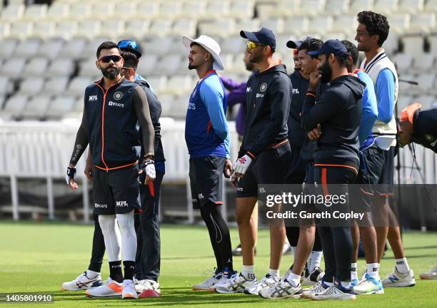 Virat Kohli of India warms up with teammates during a nets session at Edgbaston on June 29, 2022 in Birmingham, England.