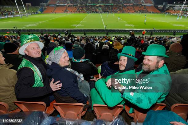 Ireland supporters pose during the match between the Maori All Blacks and Ireland at FMG Stadium on June 29, 2022 in Hamilton, New Zealand.