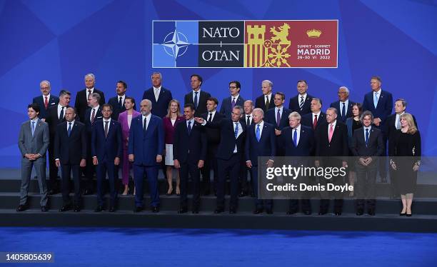 Leaders of member states of NATO line up for a group photograph on June 29, 2022 in Madrid, Spain. During the summit in Madrid, on June 29 NATO...