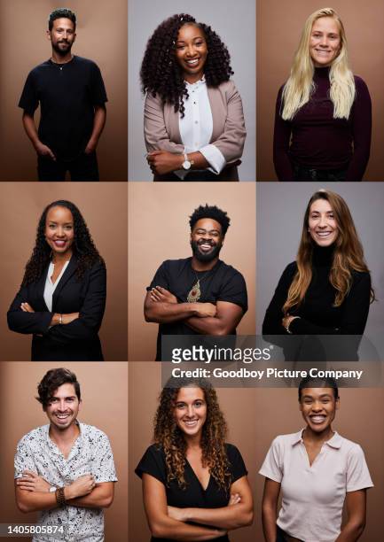 composite image a diverse group of smiling young men and women - portrait image stock pictures, royalty-free photos & images