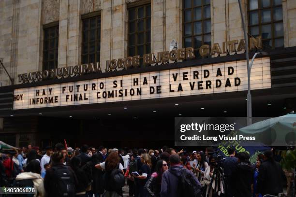 The Jorge Eliecer Gaitan Theatre shows a sign that reads 'There is Future if there is truth, final inform of the truth comision' during the...