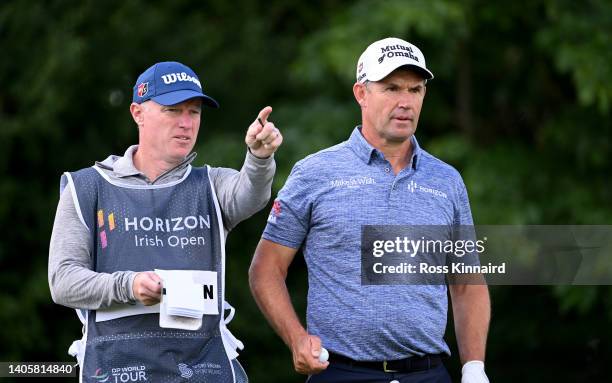 Padraig Harrington of Ireland and his caddie Ronan Flood during the pro-am event prior to the Horizon Irish Open at Mount Juliet Estate on June 29,...