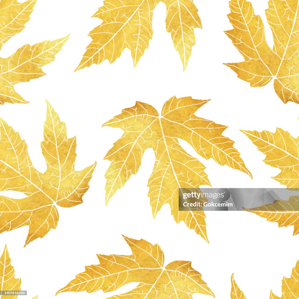 Seamless Pattern with Golden Hand Drawn Autumn Leaves . Floral Frame Isolated Background. Vector Floral Design Element for Birthday, Thanksgiving Card, Wedding Invitation.