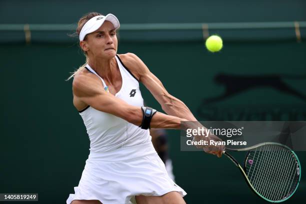 Lesia Tsurenko of Ukraine plays a backhand against Anhelina Kalinina of Ukraine during the Women's Singles Second Round match on day three of The...