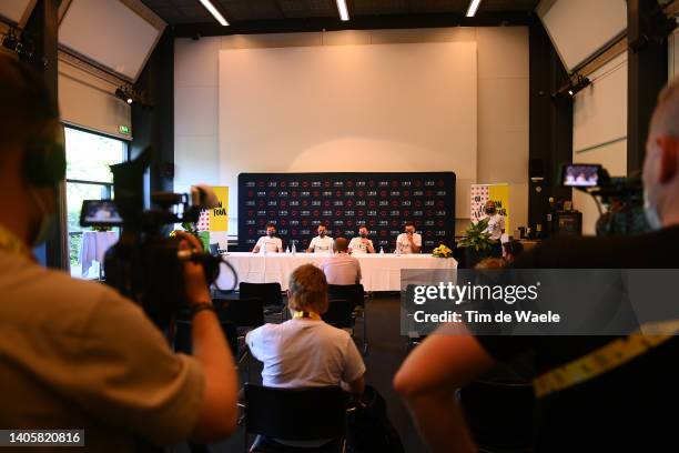 Geraint Thomas of The United Kingdom, Daniel Felipe Martinez Poveda of Colombia, Adam Yates of United Kingdom, Filippo Ganna of Italy and Team INEOS...