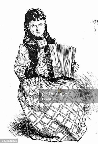 emigration to america, young woman from italy playing accordion - accordionist stock illustrations