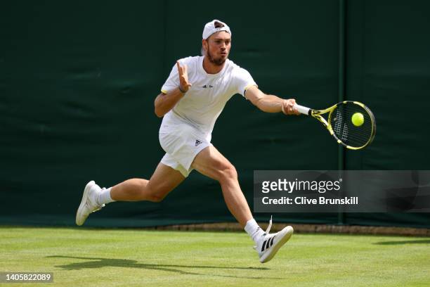 Maximilian Marterer of Germany plays a forehand against Frances Tiafoe of United States of America during their Men's Singles Second Round match on...