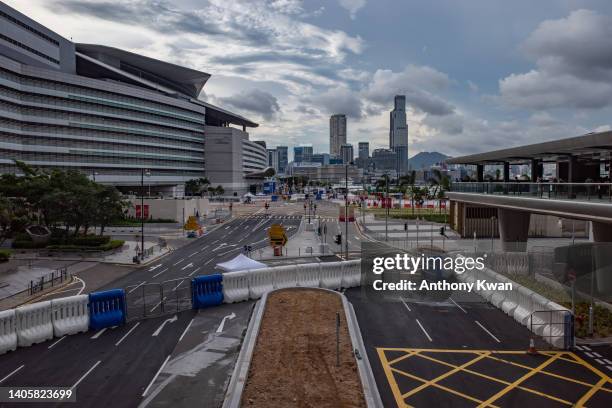 Water barriers surround the Hong Kong Convention and Exhibition Center ahead of the 25th anniversary of Hong Kong handover on June 29, 2022 in Hong...