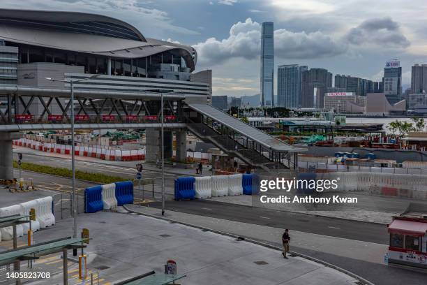 Water barriers surround the Hong Kong Convention and Exhibition Center ahead of the 25th anniversary of Hong Kong handover on June 29, 2022 in Hong...