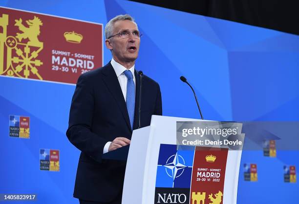 Jens Stoltenberg NATO Secretaty General holds a press conference at the NATO Summit on June 29, 2022 in Madrid, Spain. During the summit in Madrid,...