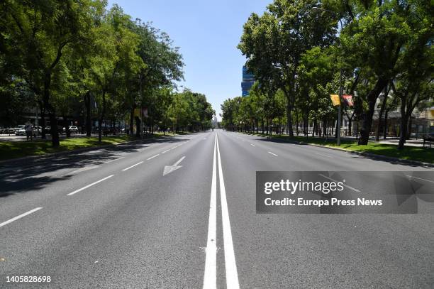 The avenue 'Paseo de la Castellana' in Madrid is empty due to the traffic cuts on the occasion of the celebration of the NATO Summit, on 29 June,...
