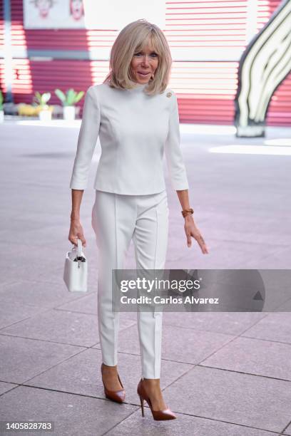 Brigitte Macron is 1seen during a visit hosted by Queen Letizia Of Spain at The Reina Sofia Museum on June 29, 2022 in Madrid, Spain.