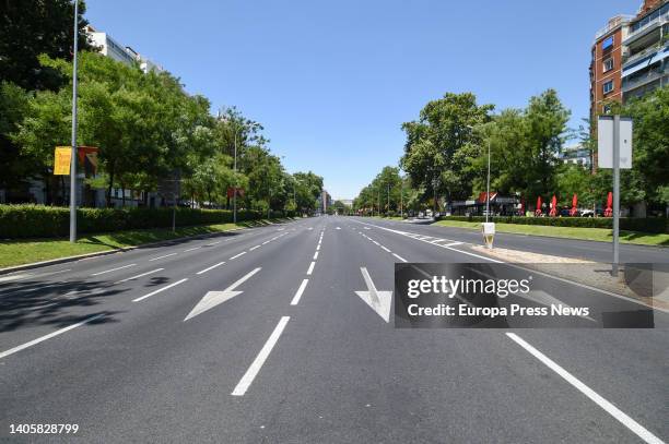 The avenue 'Paseo de la Castellana' in Madrid is empty due to the traffic cuts on the occasion of the celebration of the NATO Summit, on 29 June,...