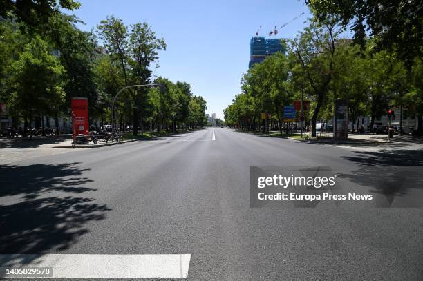 The avenue 'Paseo de la Castellana' in Madrid is empty due to the traffic cuts on the occasion of the celebration of the NATO Summit, on 29 June,...