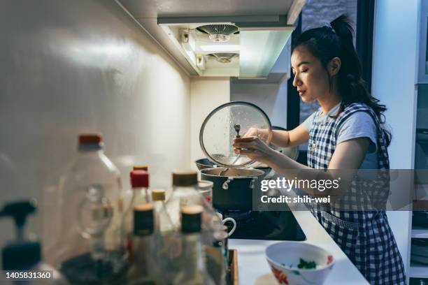 a young asian mother prepares dinner - saucepan stock pictures, royalty-free photos & images